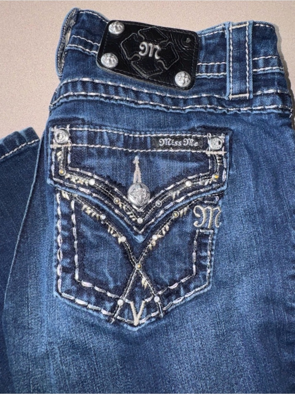 Miss Me Women's Dark Blue Skinny Jeans with Embroidered Sequin Pocket